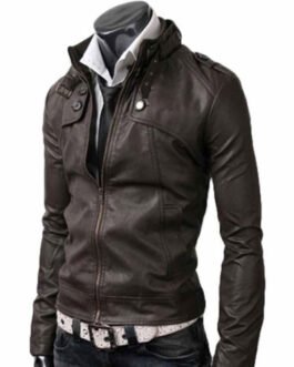 Men’s Belted Buckle Collar Slim Fit Dark Brown Jacket