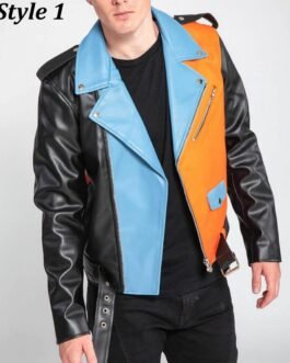 Men’s Asymmetrical Zipper Moto Style Color Block Leather Jacket