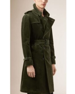 Men’s Belted Fashion Corduroy Green Coat