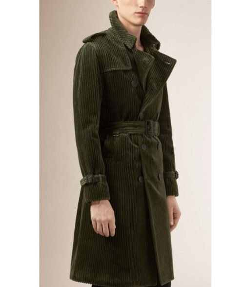 Men’s Belted Fashion Corduroy Green Coat