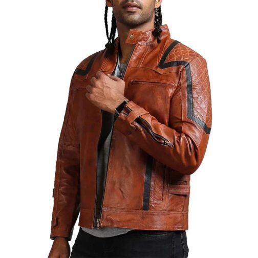 Men’s Designer Striped Style Brown Leather Jacket - Image 3
