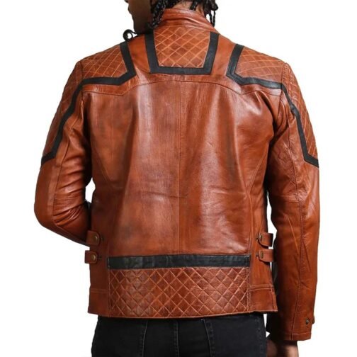 Men’s Designer Striped Style Brown Leather Jacket - Image 2