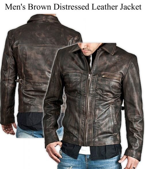 Men’s Zip Up Shirt Collar Brown Distressed Leather Jacket - Image 4
