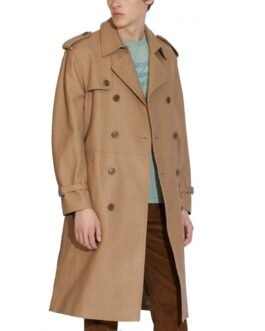 Men’s Double Breasted Light Brown Belted Leather Coat