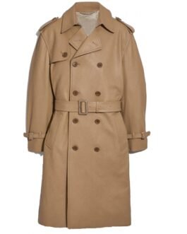 Men’s Double Breasted Light Brown Belted Leather Coat