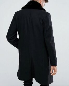 Men’s Double Breasted Black Overcoat with Faux Fur Trim