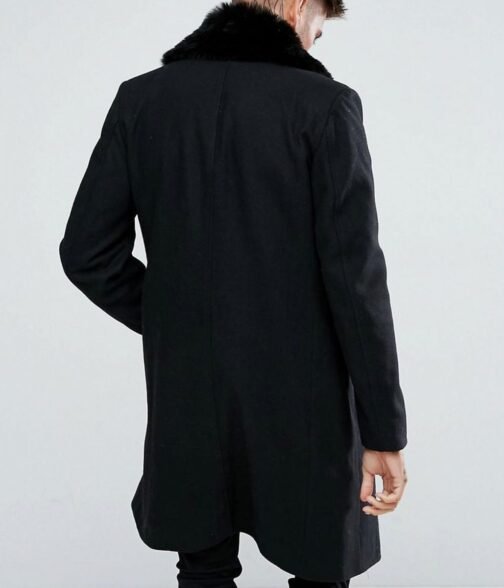 Men’s Double Breasted Black Overcoat with Faux Fur Trim - Image 2