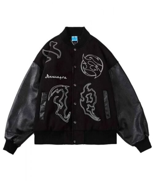 Men’s Embroidered Hip Hop Wool Varsity Jacket with Leather Sleeve - Image 2