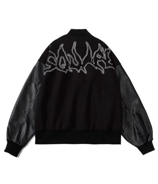 Men’s Embroidered Hip Hop Wool Varsity Jacket with Leather Sleeve - Image 4