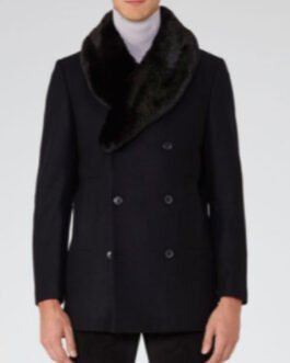 Men’s Blue Peacoat with Faux Fur Trimmed