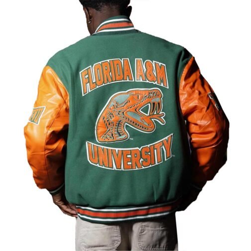 Men’s Florida A&M University Green and Orange Varsity Jacket - Image 2