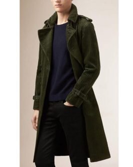 Men’s Belted Fashion Corduroy Green Coat