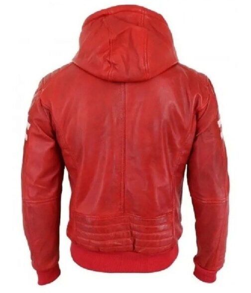 Men’s Bomber Red Leather Biker Hooded Jacket - Image 2