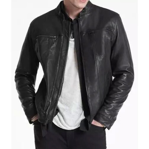 Men’s John Band Collar Leather Jacket - Image 6