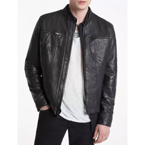 Men’s John Band Collar Leather Jacket - Image 3