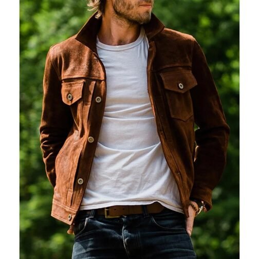 Men’s Brown Suede Leather Trucker Jacket - Image 4
