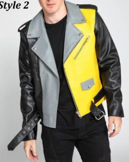 Men’s Asymmetrical Zipper Moto Style Color Block Leather Jacket
