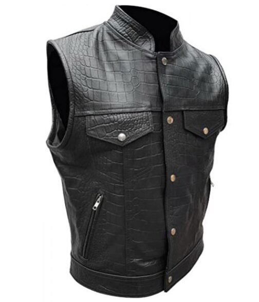 Men’s Motorcycle Alligator Black Leather Vest - Image 3