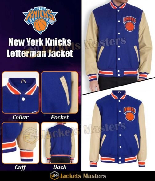 Men’s New York Knicks Blue Letterman Jacket - Image 5