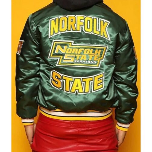 Men’s Embroidered Norfolk State University Green Bomber Jacket - Image 4