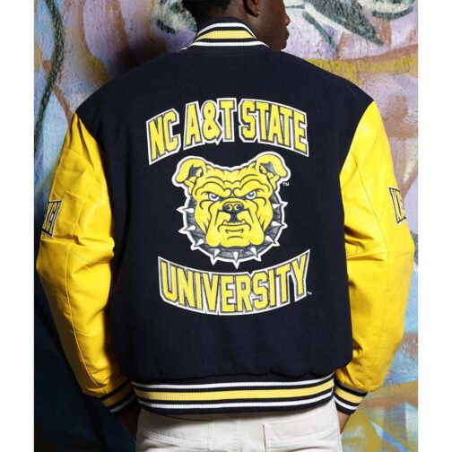Men’s North Carolina A&T State University Black and Yellow Varsity Jacket - Image 2