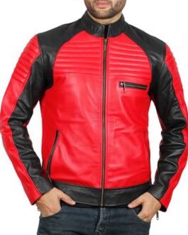 Men’s Padded Red and Black Sheepskin Leather Jacket