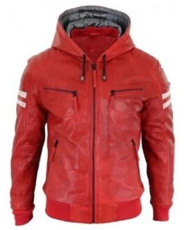 Men’s Bomber Red Leather Biker Hooded Jacket