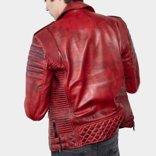 Men’s Red Padded Leather Biker Jacket - Image 2