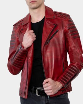 Men’s Red Padded Leather Biker Jacket