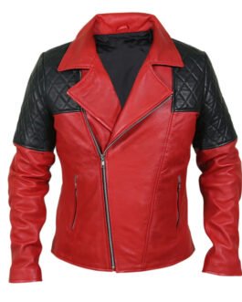 Men’s Black Diamond Quilted Shoulders Red Leather Jacket