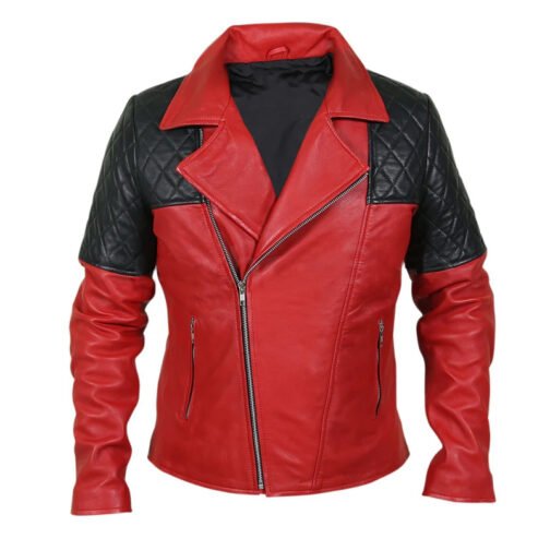 Men’s Black Diamond Quilted Shoulders Red Leather Jacket