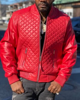 Men’s Red Quilted Bomber Leather Jacket