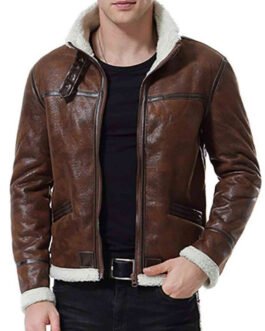 Men’s Biker Shearling Bomber Distressed Brown Leather Jacket