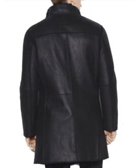 Men’s Casual Button Closure Black Leather Shearling Coat