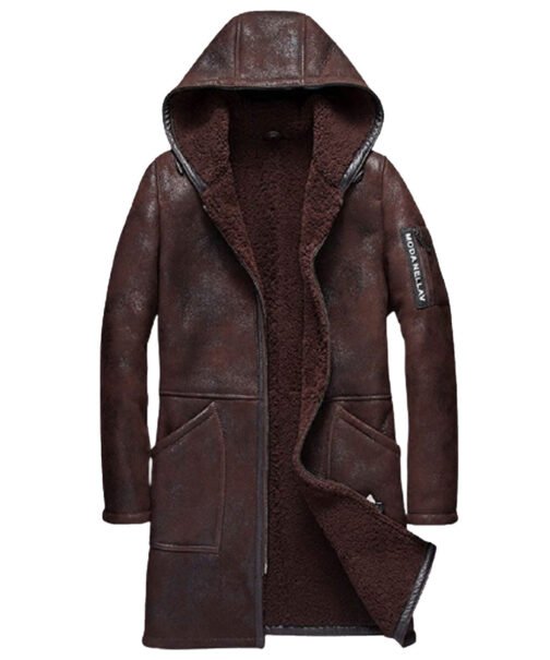 Men’s Moda Nellav Dark Brown Shearling Leather Hooded Coat