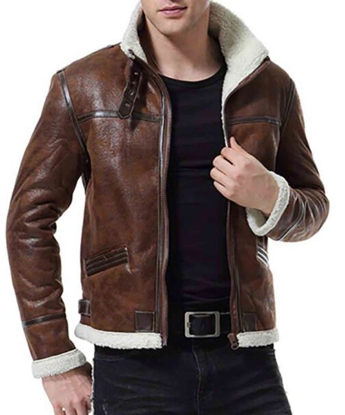 Men’s Biker Shearling Bomber Distressed Brown Leather Jacket - Image 3
