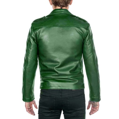 Men’s Shinny Green Leather Biker Jacket - Image 2