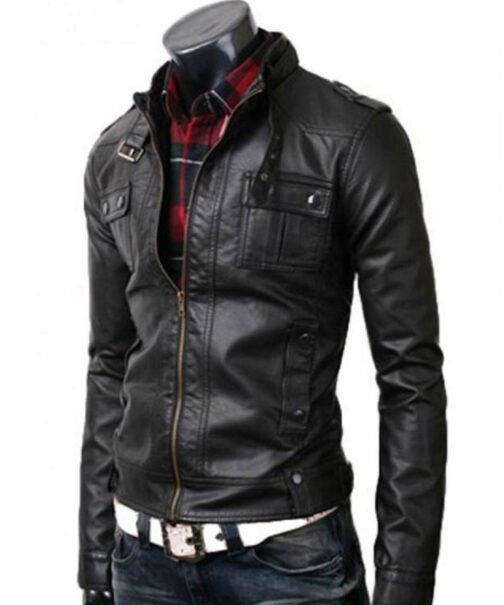 Men’s Strap Collar Casual Slim Fit Black Leather Jacket - Image 4