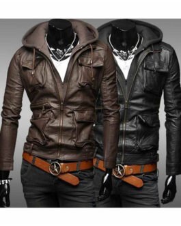 Men’s Slim Fit Flap Pockets Leather Jacket with Hood