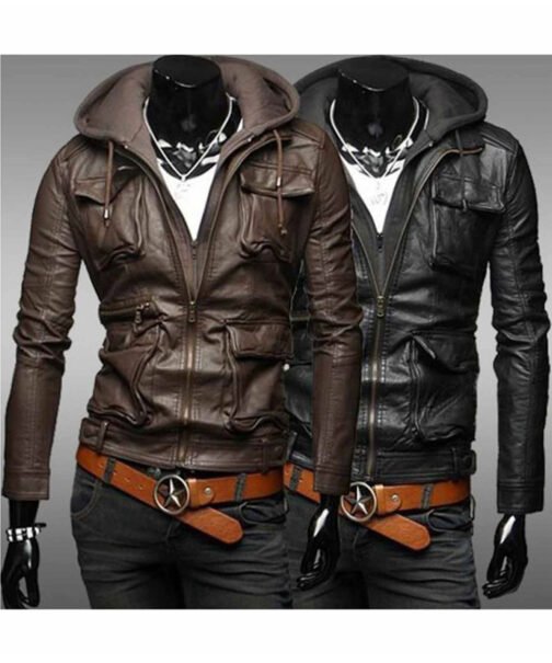 Men’s Slim Fit Flap Pockets Leather Jacket with Hood - Image 2
