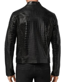 Men’s Luxury Snap Tab Collar Black Alligator Leather Jacket