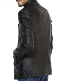 Men’s Button Closure Casual Stand Up Collar Black Leather Blazer
