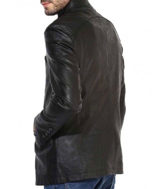 Men’s Button Closure Casual Stand Up Collar Black Leather Blazer - Image 2