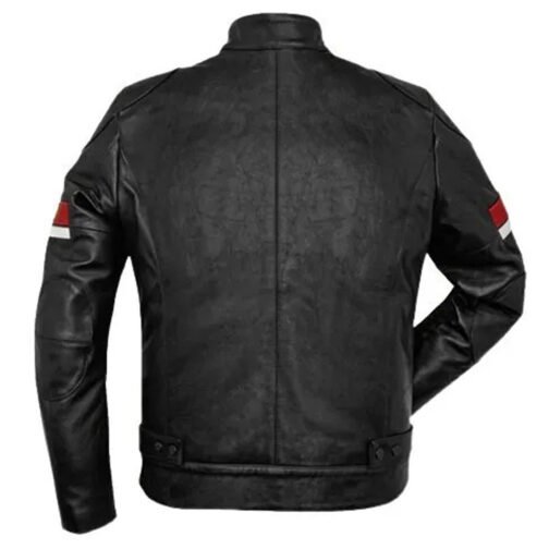 Men’s Striped Cafe Racer Black Leather Jacket - Image 2
