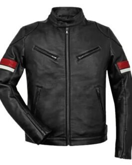 Men’s Striped Cafe Racer Black Leather Jacket
