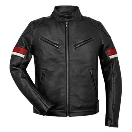 Men’s Striped Cafe Racer Black Leather Jacket