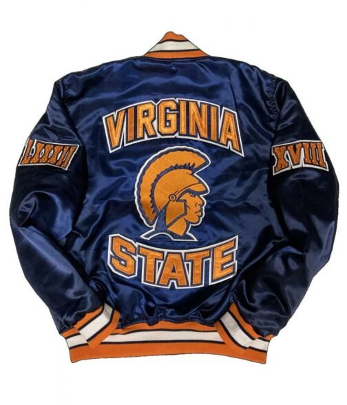 Men’s Blue Virginia State University Satin Bomber Jacket - Image 2