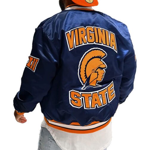 Men’s Blue Virginia State University Satin Bomber Jacket - Image 4