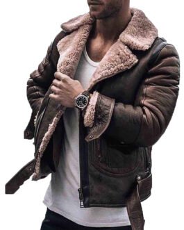 Men’s WJM001 Street Style Brown Shearling Leather Jacket