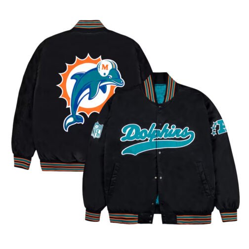 Miami Dolphins Aqua and Orange Rib Bomber Black Jacket - Image 3